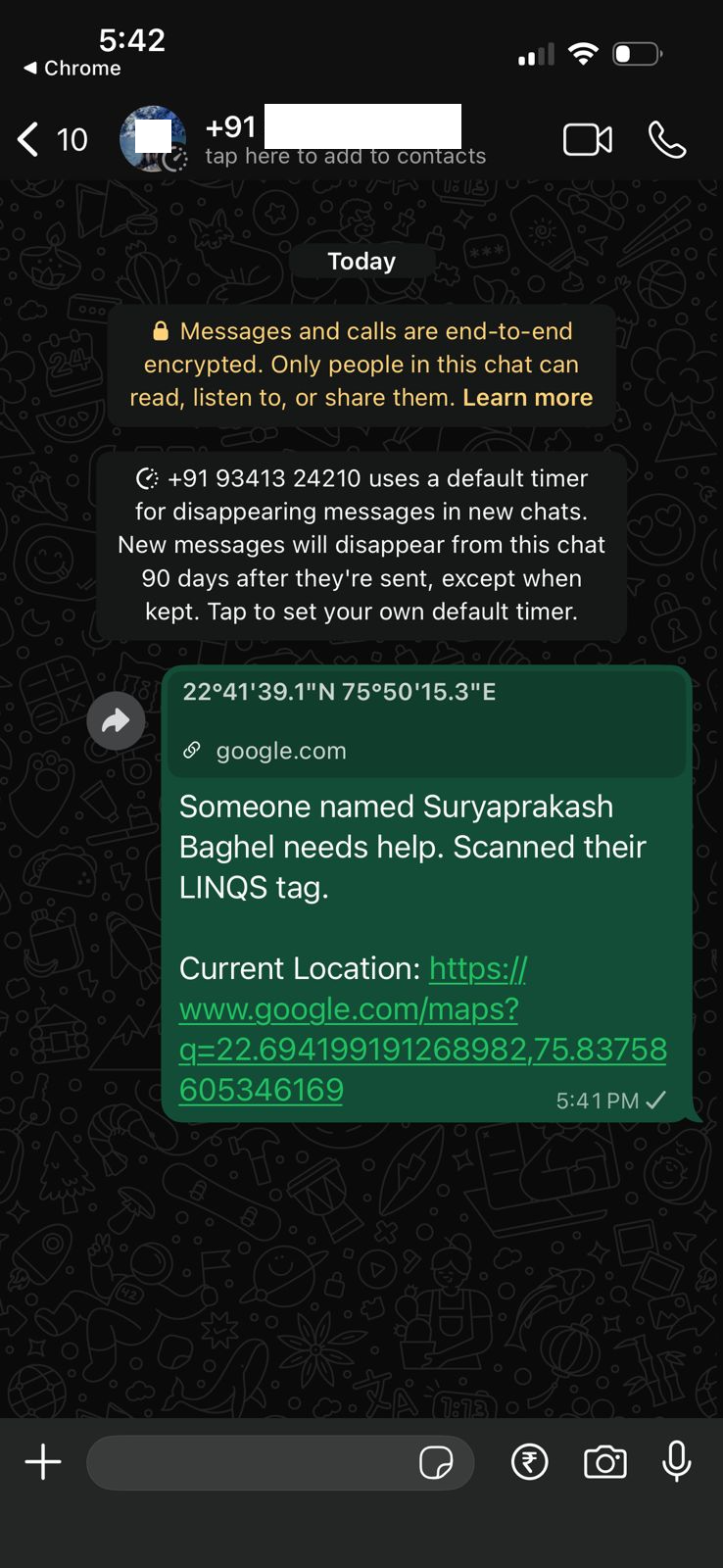 WhatsApp alert with live location after scan